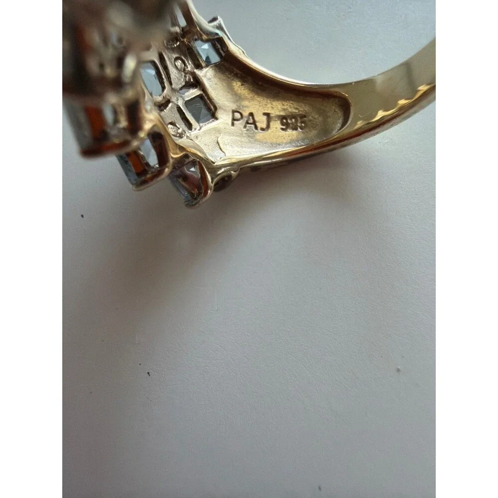 PAJ Signed 925 Sterling Silver Gold Vermeil Ice Blue Topaz Checkered Band Ring 6